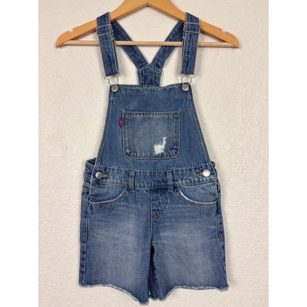 Levis Kids Girls Blue Denim Shortalls Distressed Raw Hem Overalls Size‎ 7 REG